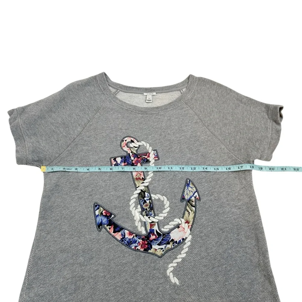 J Crew Medium Gray Terry Multicolor Floral Anchor Short Sleeve Sweatshirt